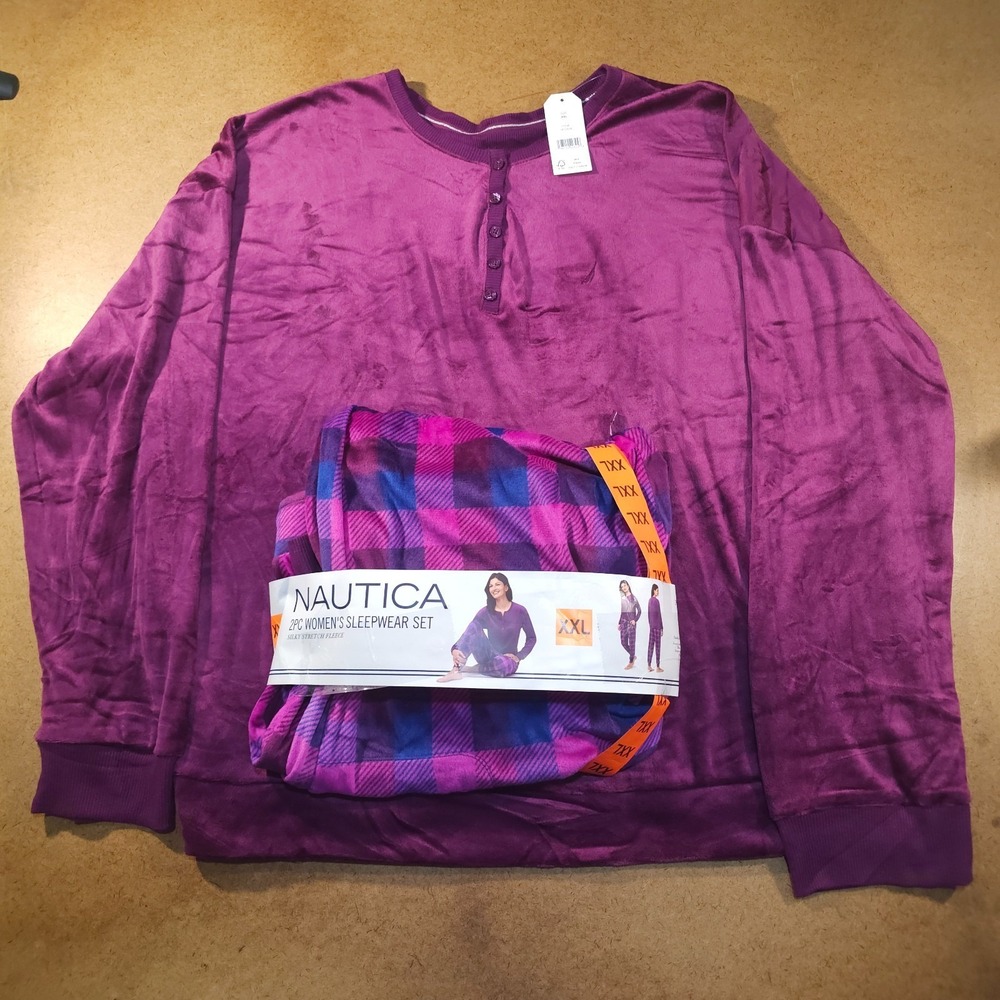 Nautica Women's 2 Piece Fleece Pajama Sleepwear Set Purple Plaid Size XXL